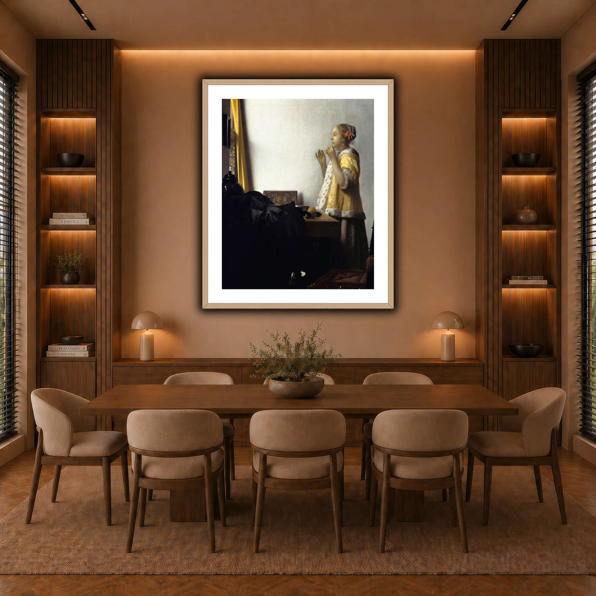 Jan_Vermeer_van_Delft_-_Young_Woman_with_a_Pearl_Necklace_ warm-dining room