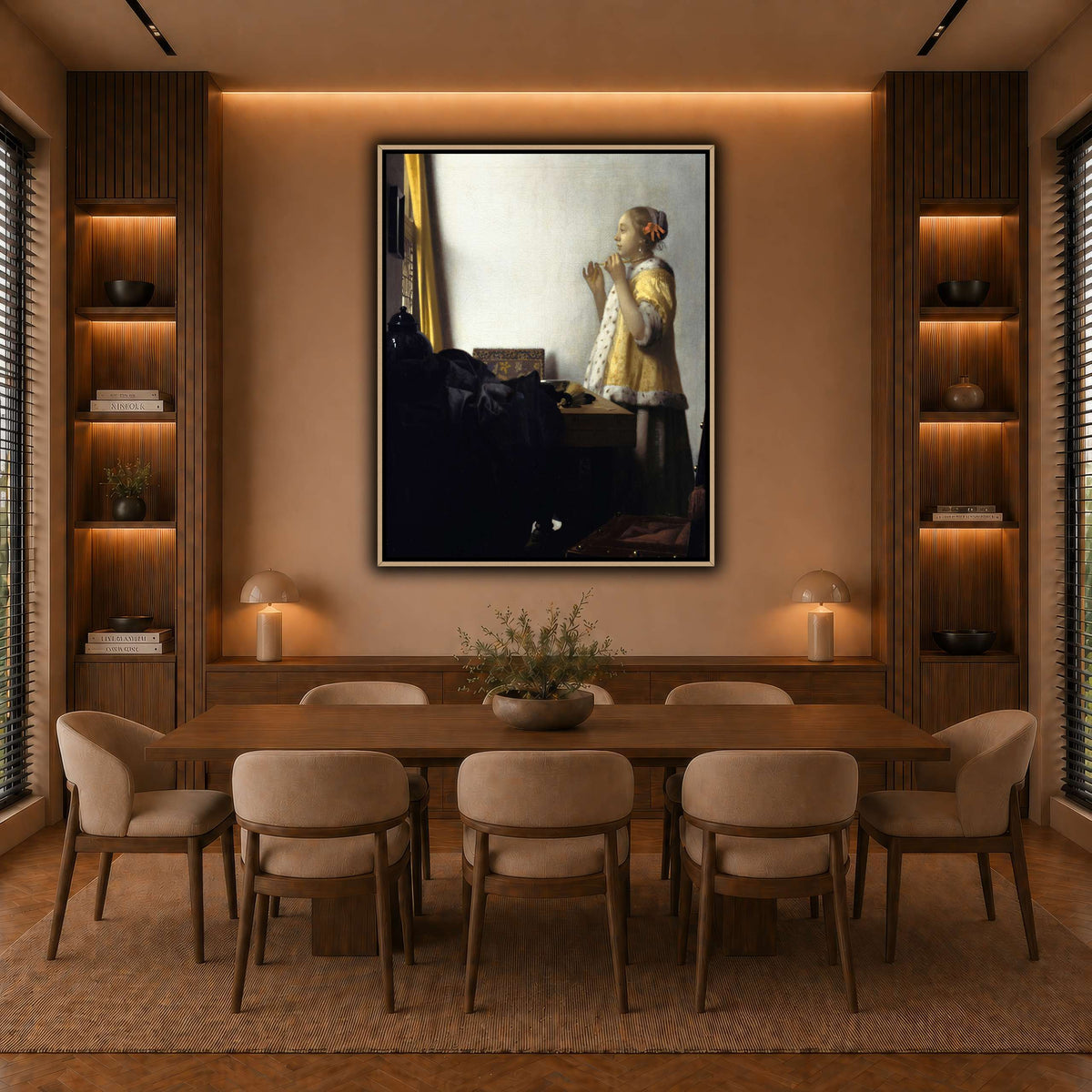 Jan_Vermeer_van_Delft_-_Young_Woman_with_a_Pearl_Necklace_ warm-dining room