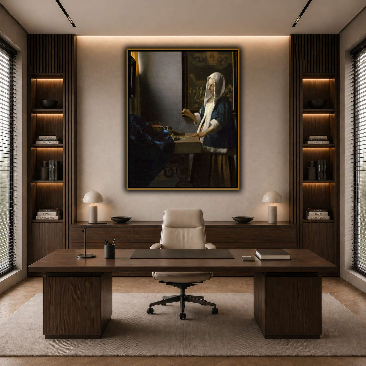 Johannes_Vermeer_-_Woman_Holding_a_Balance dark neutral-office