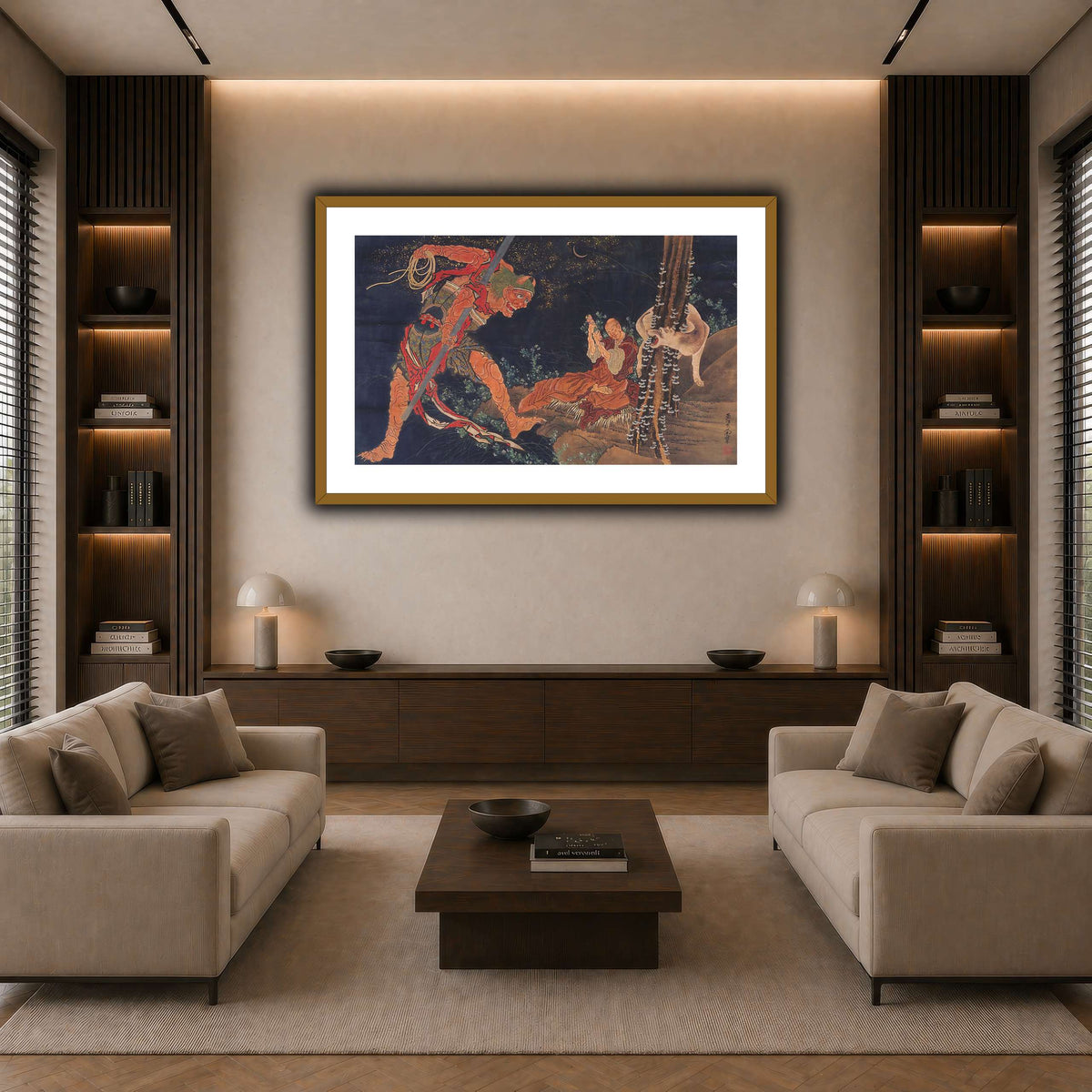 Kobo_Daishi_Practicing_the_Tantra,_with_Demon_and_Wolf_Katsushika Hokusai dark neutral-living room