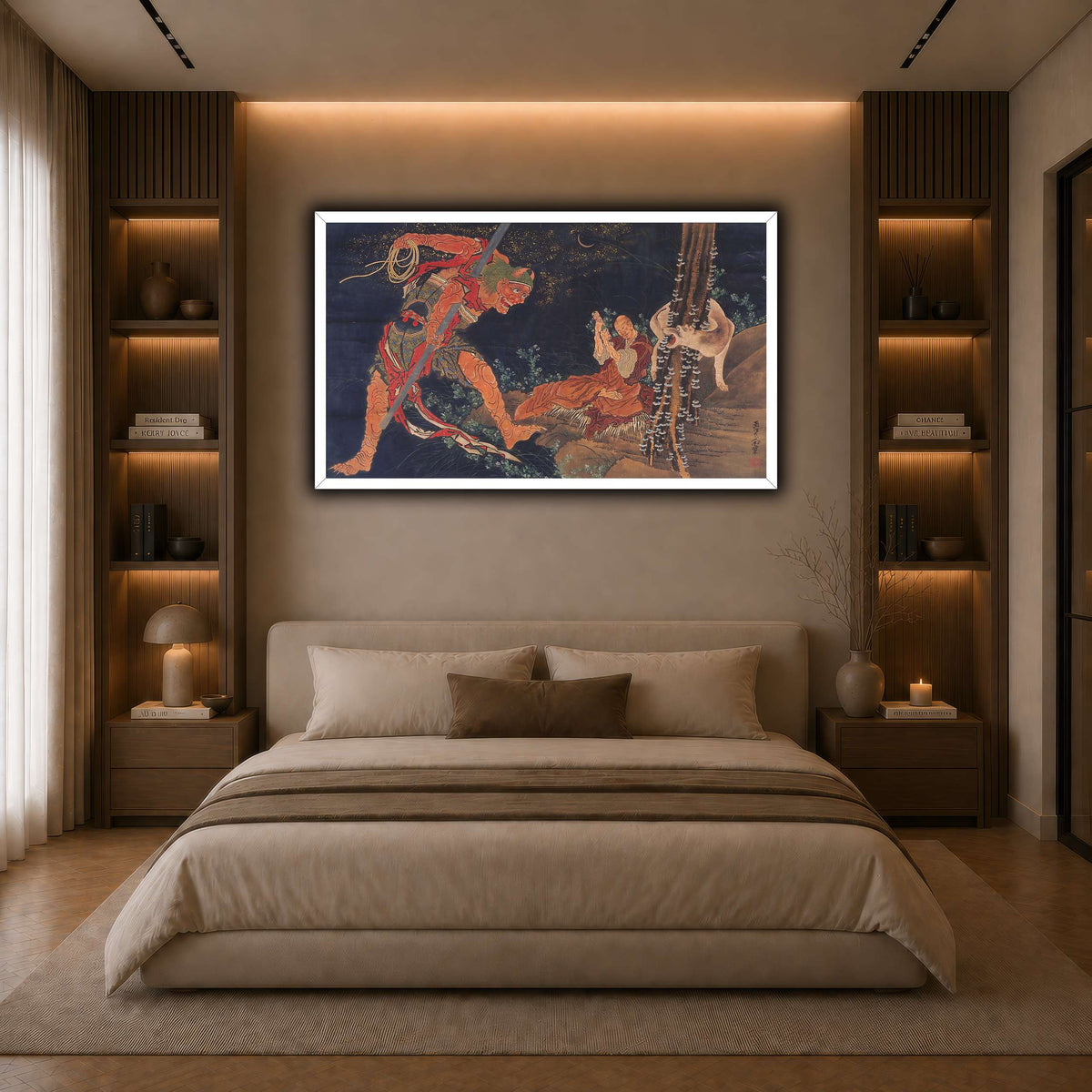 Kobo_Daishi_Practicing_the_Tantra,_with_Demon_and_Wolf_Katsushika Hokusai dark neutral-bedroom