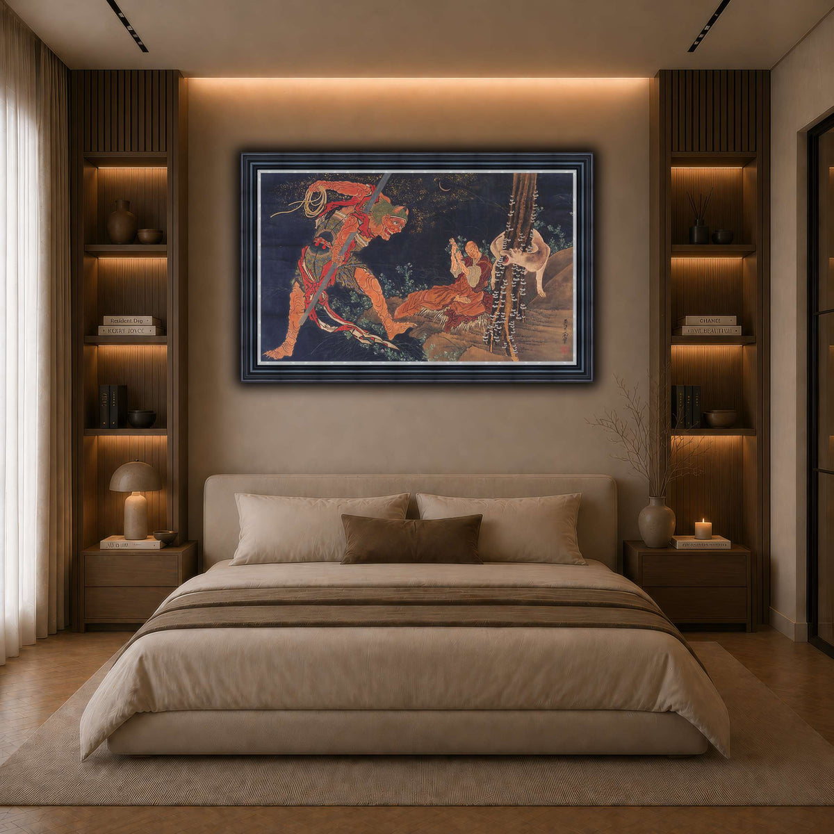 Kobo_Daishi_Practicing_the_Tantra,_with_Demon_and_Wolf_Katsushika Hokusai dark neutral-bedroom