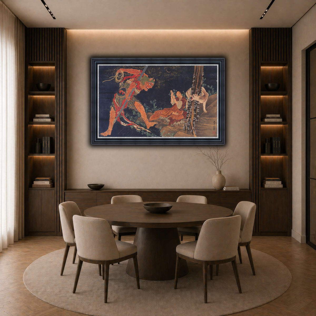 Kobo_Daishi_Practicing_the_Tantra,_with_Demon_and_Wolf_Katsushika Hokusai dark neutral-dining room