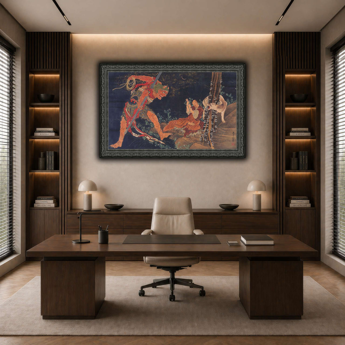 Kobo_Daishi_Practicing_the_Tantra,_with_Demon_and_Wolf_Katsushika Hokusai dark neutral-office