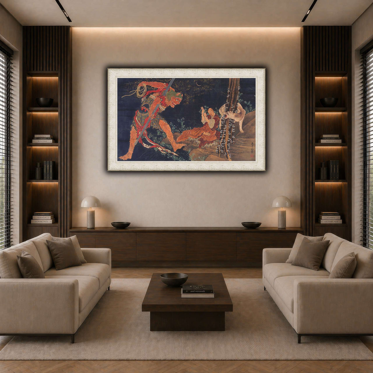 Kobo_Daishi_Practicing_the_Tantra,_with_Demon_and_Wolf_Katsushika Hokusai dark neutral-living room