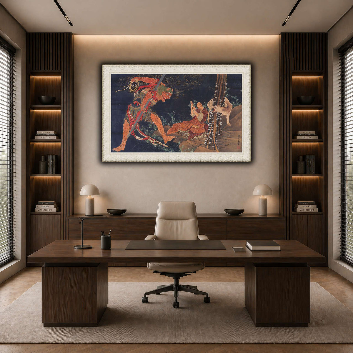 Kobo_Daishi_Practicing_the_Tantra,_with_Demon_and_Wolf_Katsushika Hokusai dark neutral-office