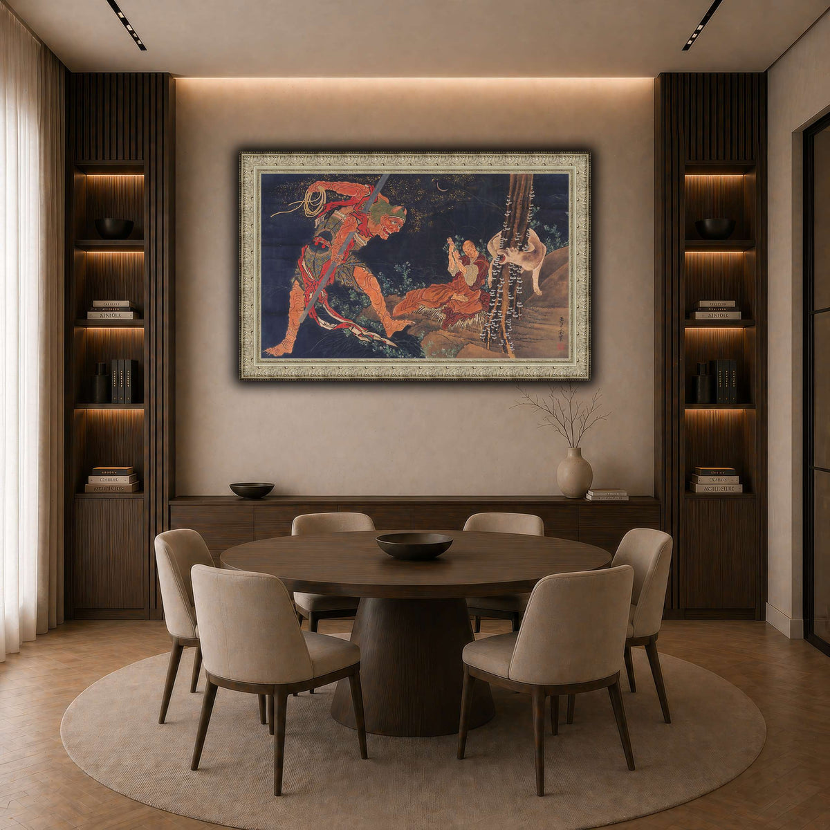 Kobo_Daishi_Practicing_the_Tantra,_with_Demon_and_Wolf_Katsushika Hokusai dark neutral-dining room