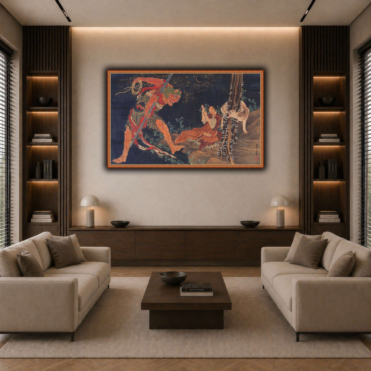 Kobo_Daishi_Practicing_the_Tantra,_with_Demon_and_Wolf_Katsushika Hokusai dark neutral-living room