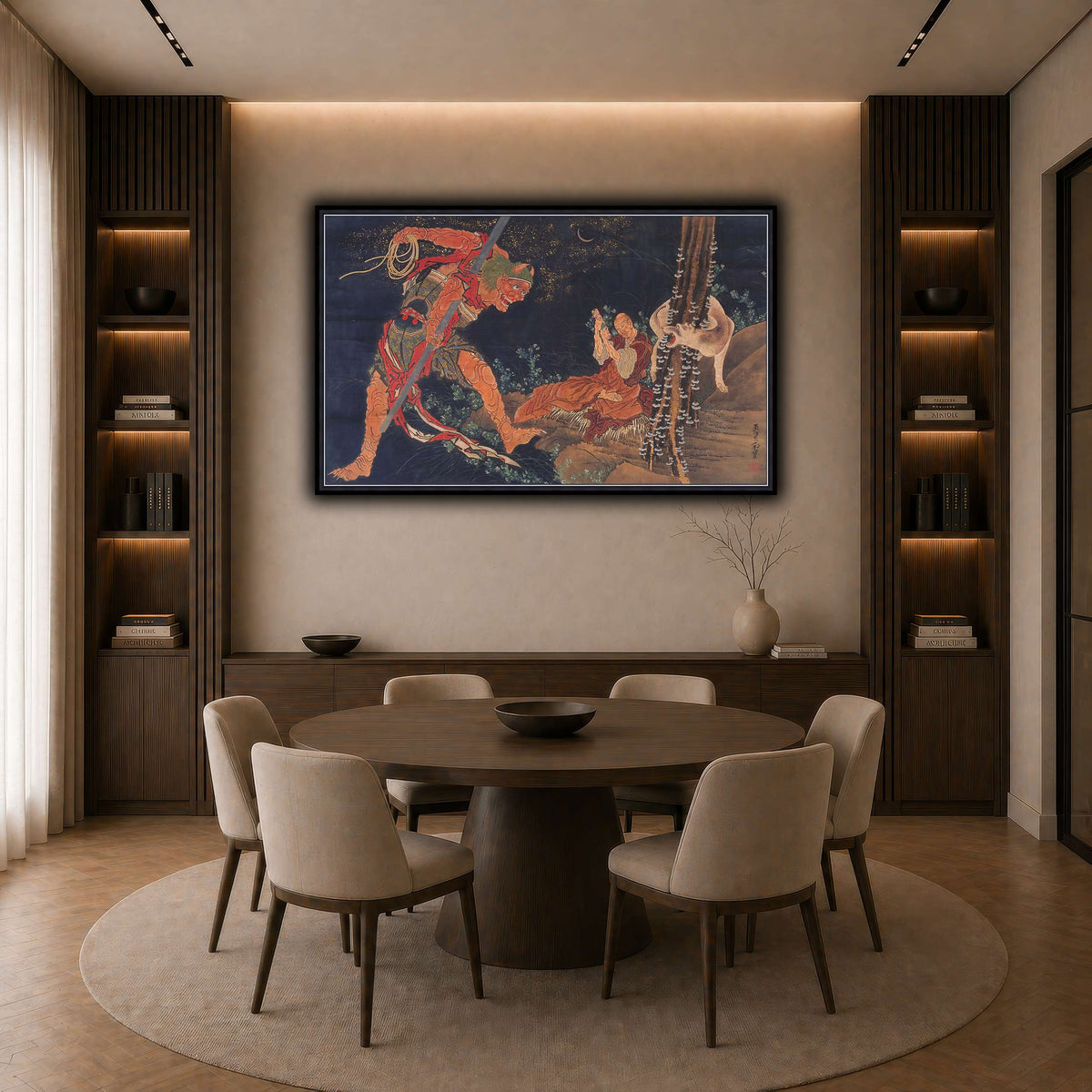 Kobo_Daishi_Practicing_the_Tantra,_with_Demon_and_Wolf_Katsushika Hokusai dark neutral-dining room