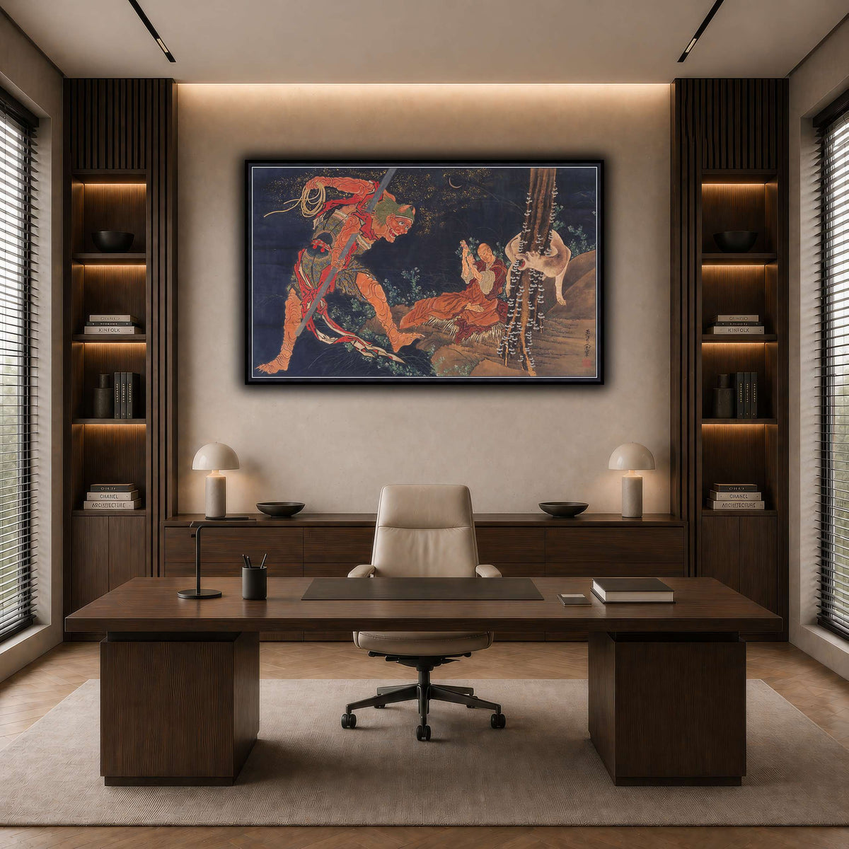 Kobo_Daishi_Practicing_the_Tantra,_with_Demon_and_Wolf_Katsushika Hokusai dark neutral-office