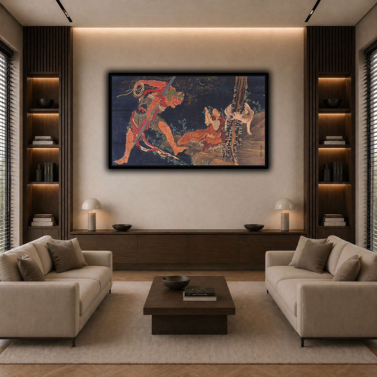Kobo_Daishi_Practicing_the_Tantra,_with_Demon_and_Wolf_Katsushika Hokusai dark neutral-living room