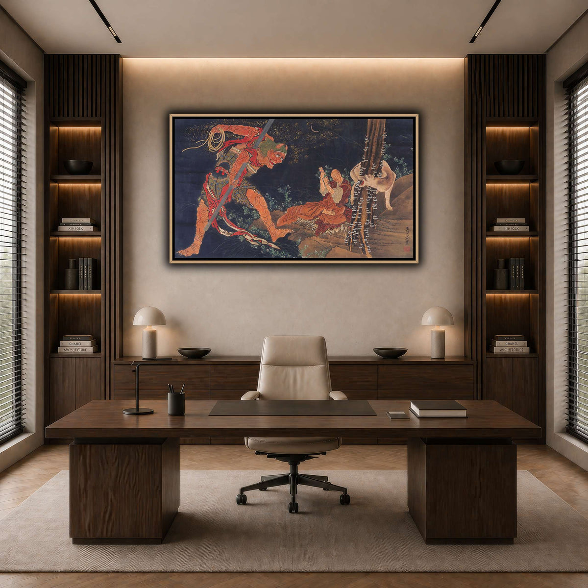 Kobo_Daishi_Practicing_the_Tantra,_with_Demon_and_Wolf_Katsushika Hokusai dark neutral-office