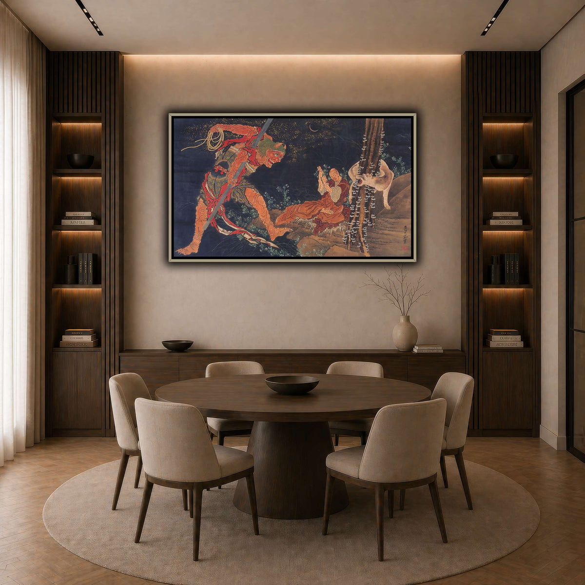 Kobo_Daishi_Practicing_the_Tantra,_with_Demon_and_Wolf_Katsushika Hokusai dark neutral-dining room