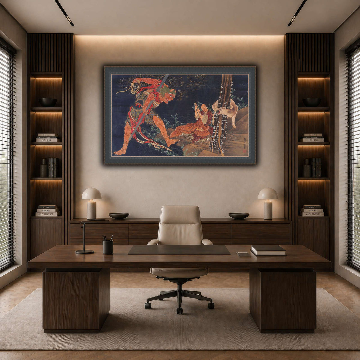 Kobo_Daishi_Practicing_the_Tantra,_with_Demon_and_Wolf_Katsushika Hokusai dark neutral-office