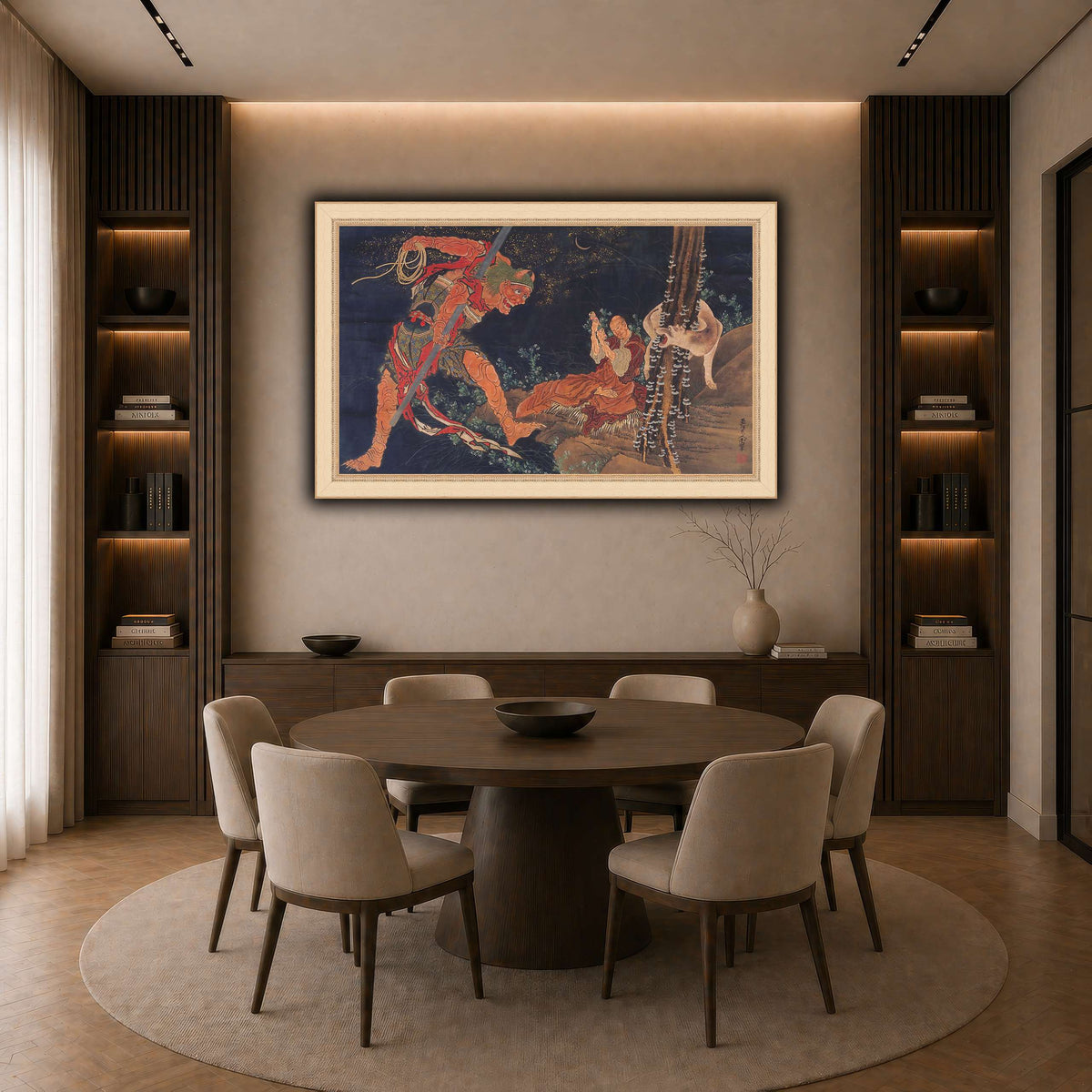 Kobo_Daishi_Practicing_the_Tantra,_with_Demon_and_Wolf_Katsushika Hokusai dark neutral-dining room