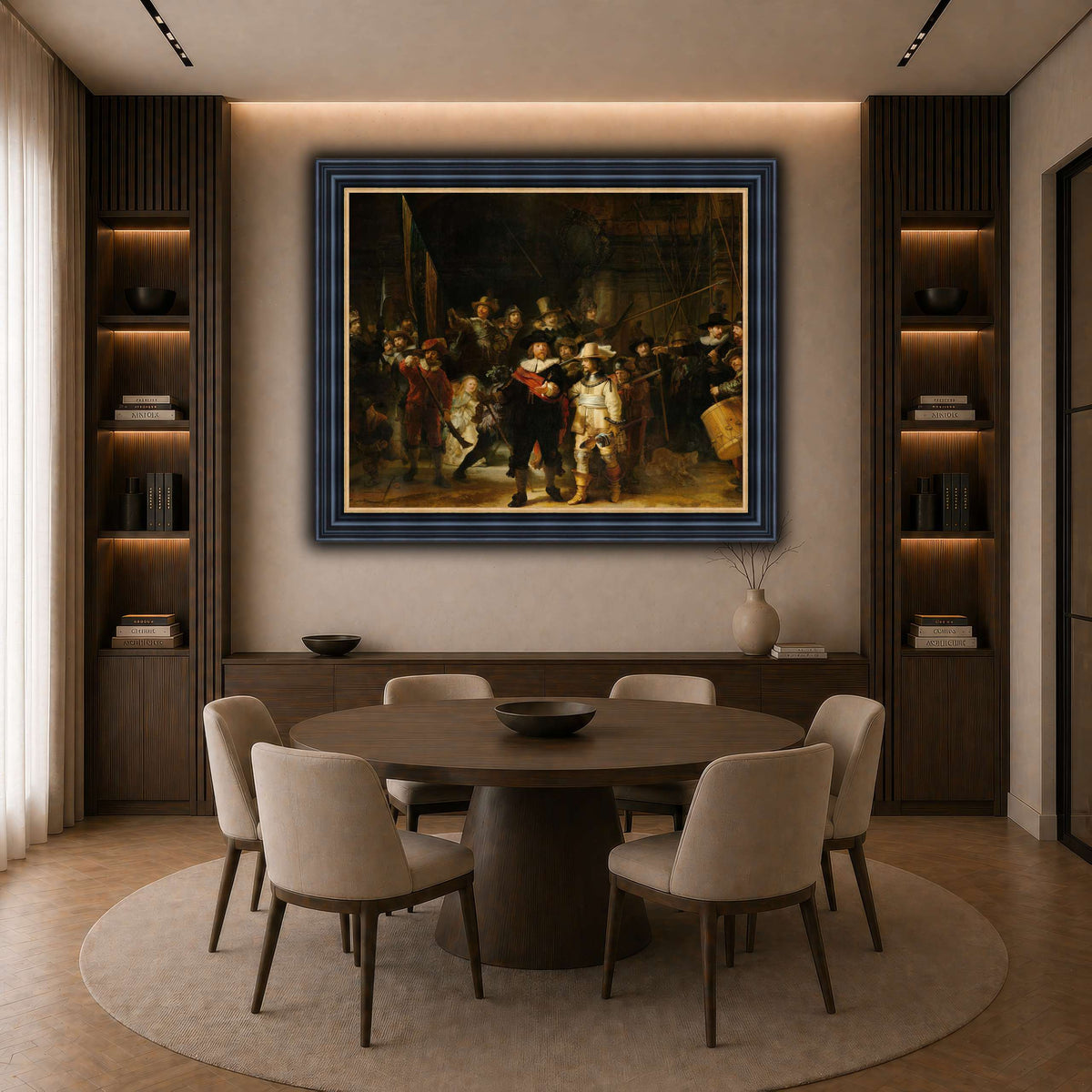 La_ronda_de_noche,_por_Rembrandt-van-Rijn dark neutral-dining room