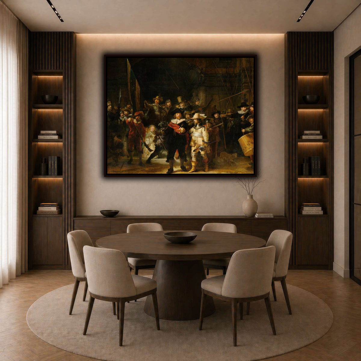 La_ronda_de_noche,_por_Rembrandt-van-Rijn dark neutral-dining room