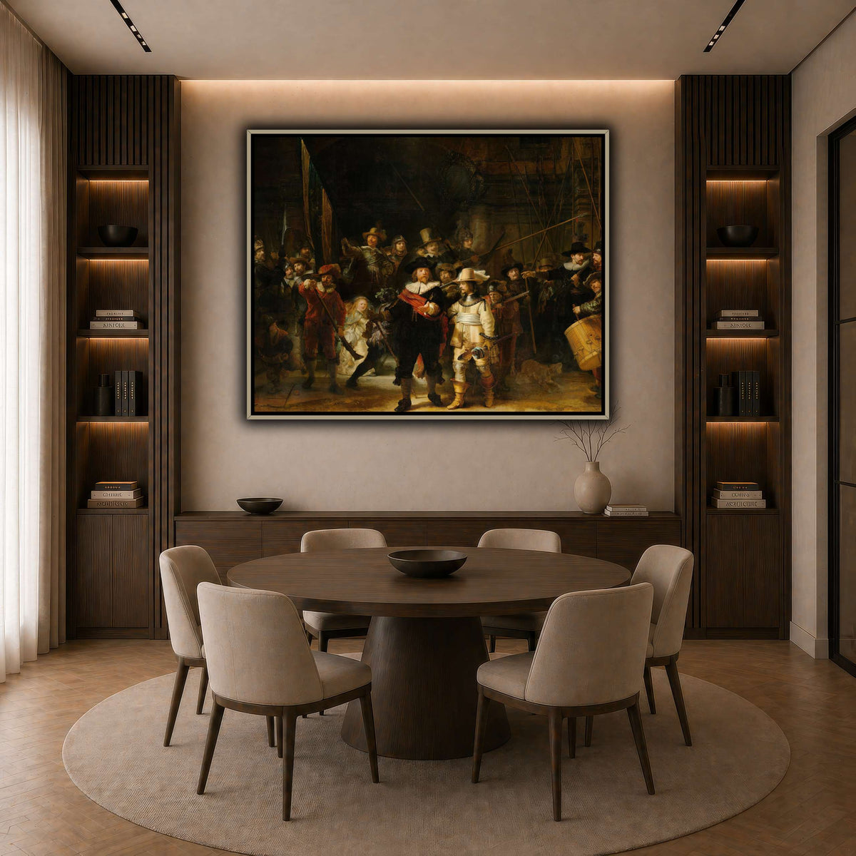 La_ronda_de_noche,_por_Rembrandt-van-Rijn dark neutral-dining room