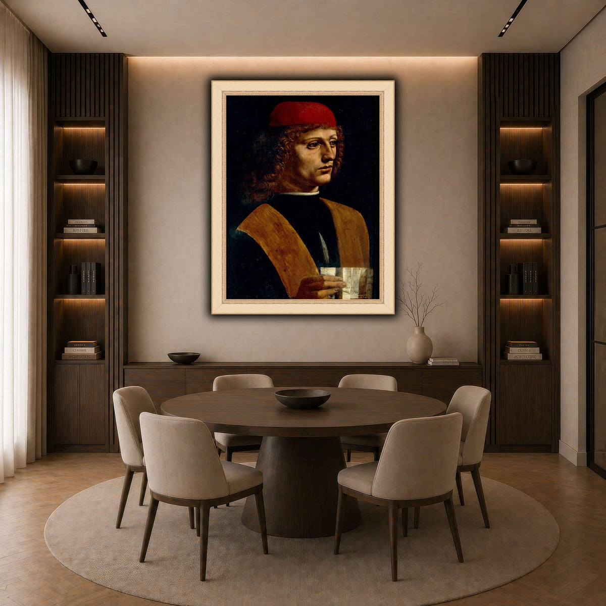 Leonardo_da_Vinci_-_Portrait_of_a_Musician_-_Pinacoteca_Ambrosiana dark neutral-dining room
