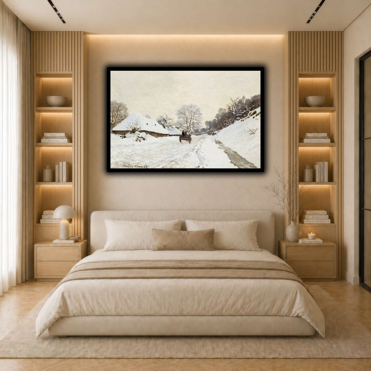 Monet,_A_Cart_on_the_Snowy_Road_at_Honfleur_(1865_or_1867) light neutral- bedroom