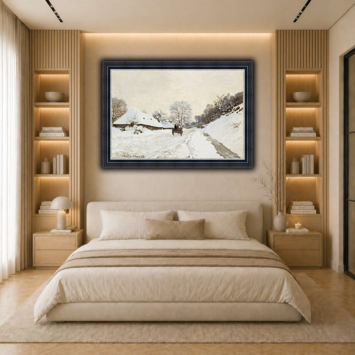 Monet,_A_Cart_on_the_Snowy_Road_at_Honfleur_(1865_or_1867) light neutral- bedroom