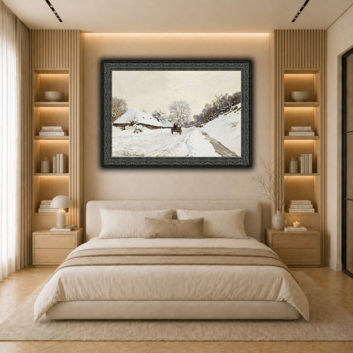 Monet,_A_Cart_on_the_Snowy_Road_at_Honfleur_(1865_or_1867) light neutral- bedroom