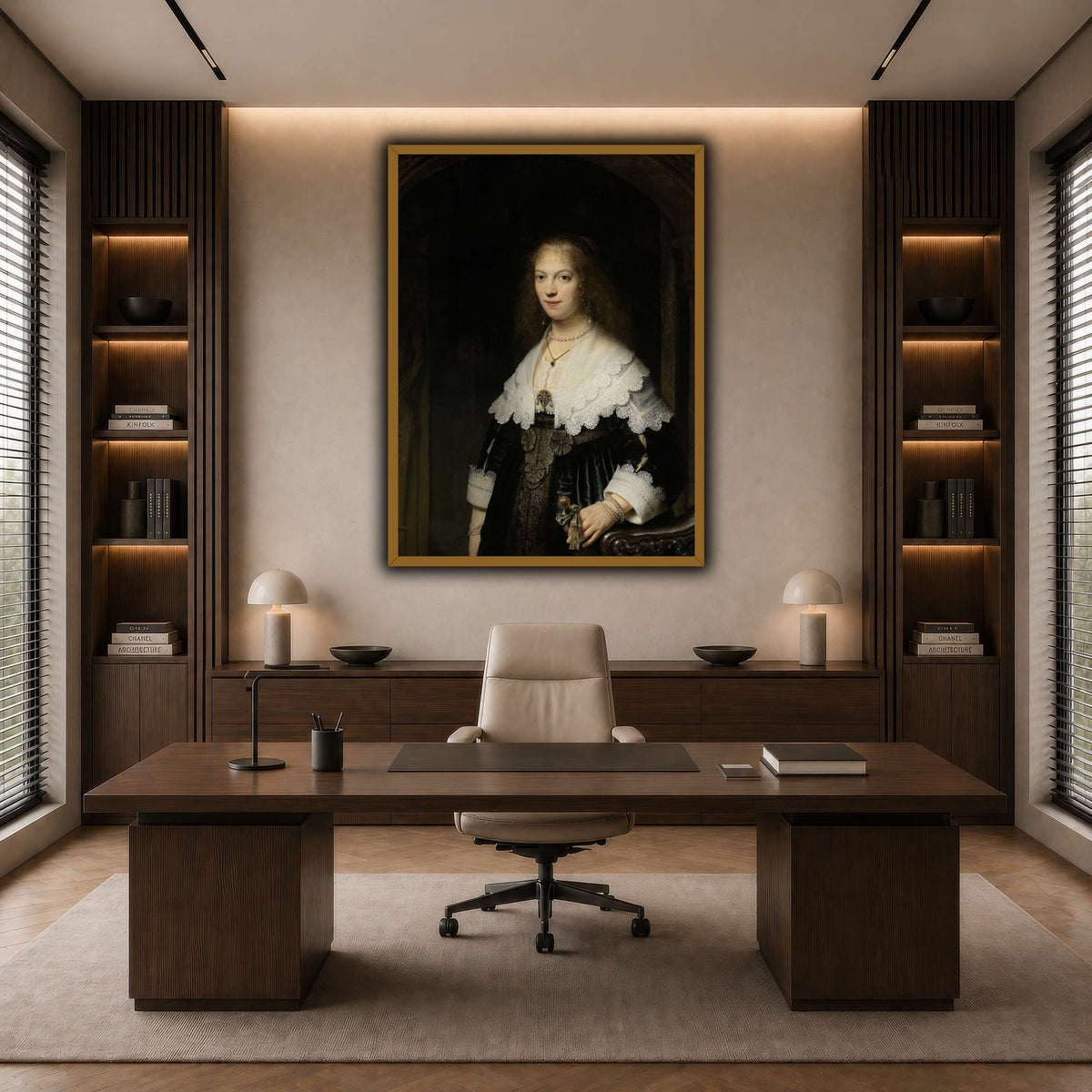 Portrait-of-a-Woman-Possibly-Maria-Trip_Rembrandt-van-Rijn dark neutral-office
