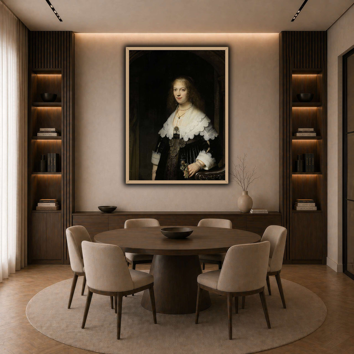 Portrait-of-a-Woman-Possibly-Maria-Trip_Rembrandt-van-Rijn dark neutral-dining room
