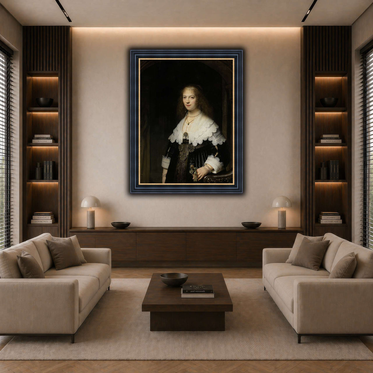 Portrait-of-a-Woman-Possibly-Maria-Trip_Rembrandt-van-Rijn dark neutral-living room