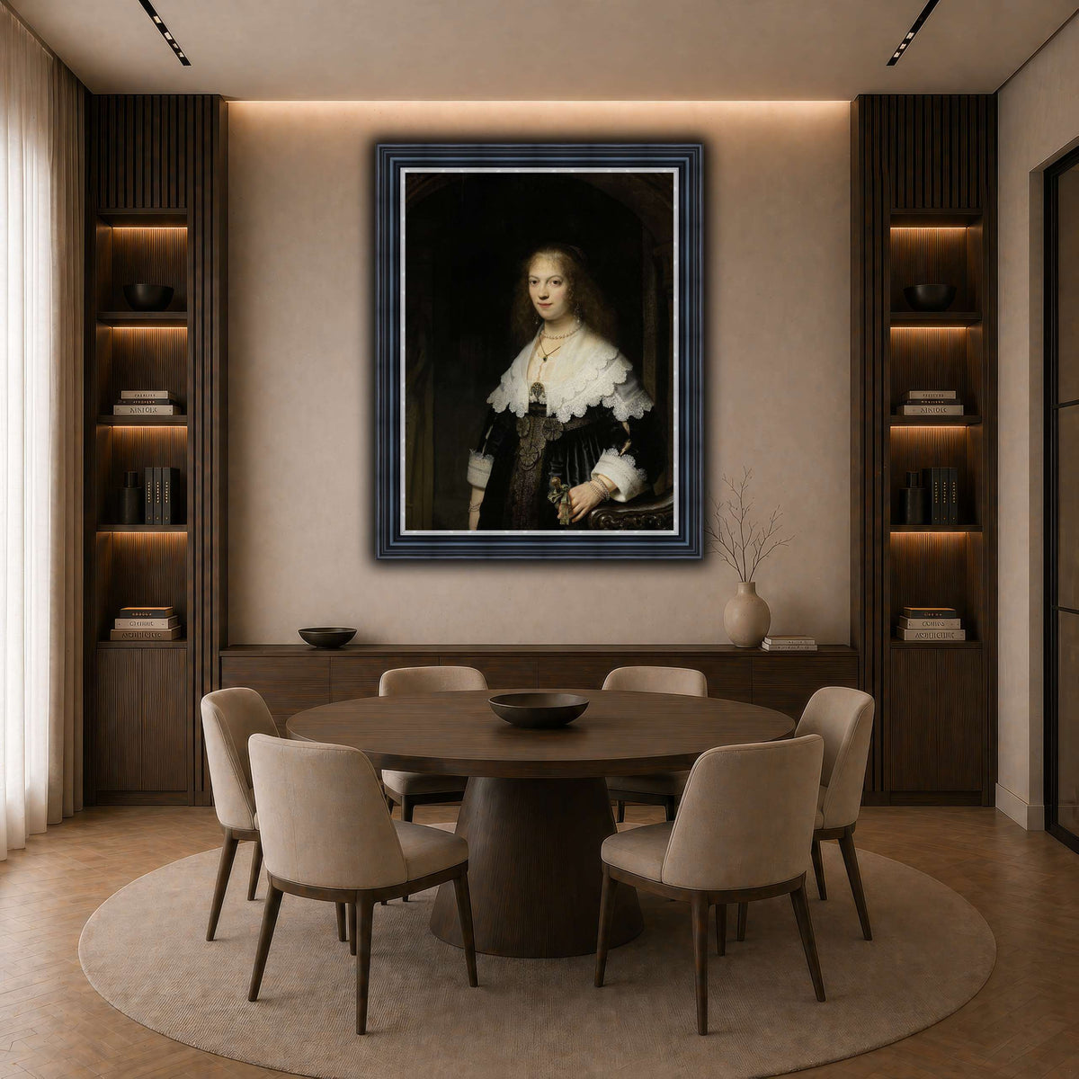Portrait-of-a-Woman-Possibly-Maria-Trip_Rembrandt-van-Rijn dark neutral-dining room