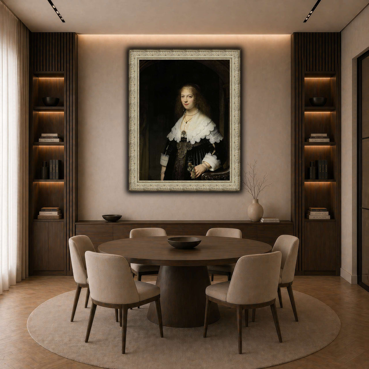 Portrait-of-a-Woman-Possibly-Maria-Trip_Rembrandt-van-Rijn dark neutral-dining room
