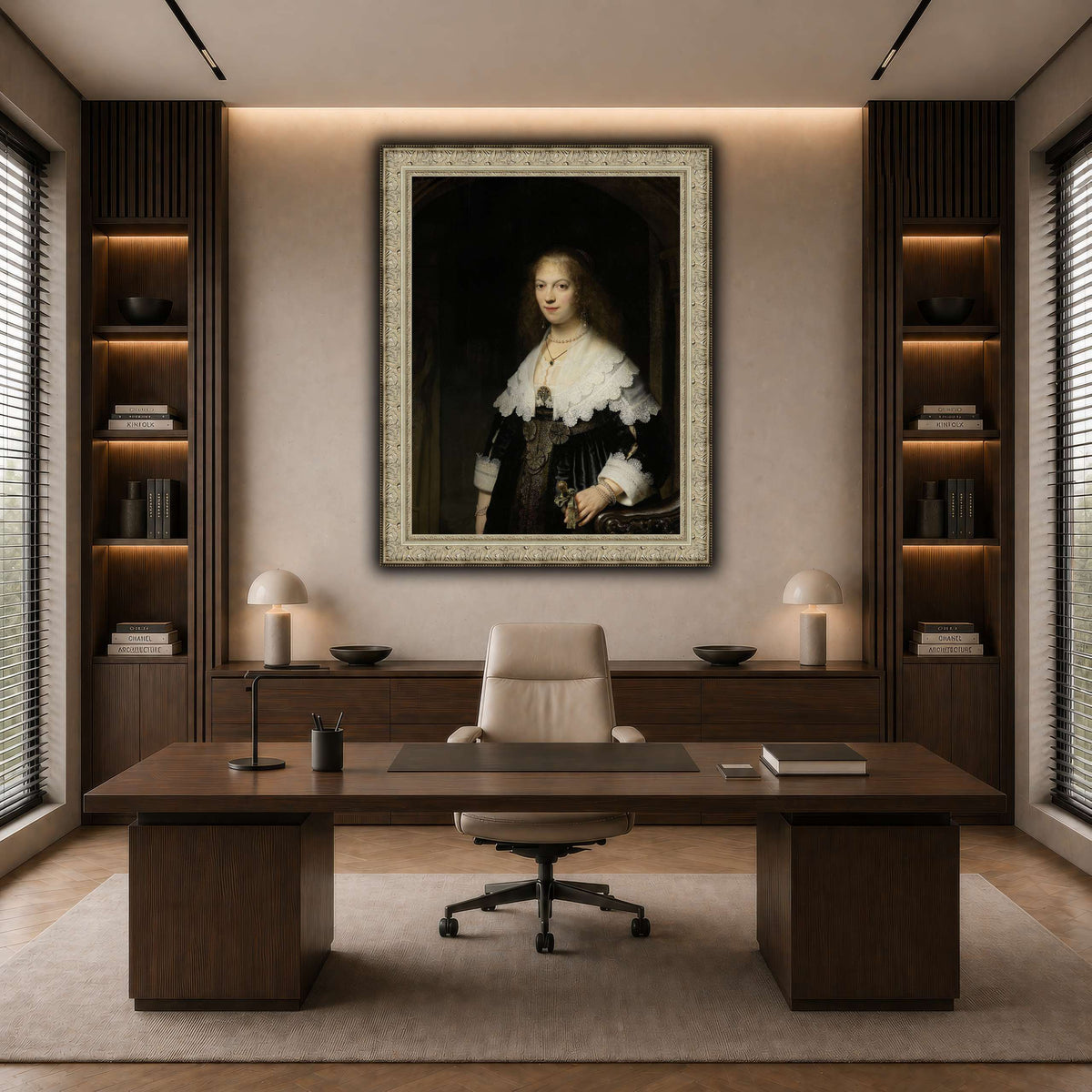 Portrait-of-a-Woman-Possibly-Maria-Trip_Rembrandt-van-Rijn dark neutral-office