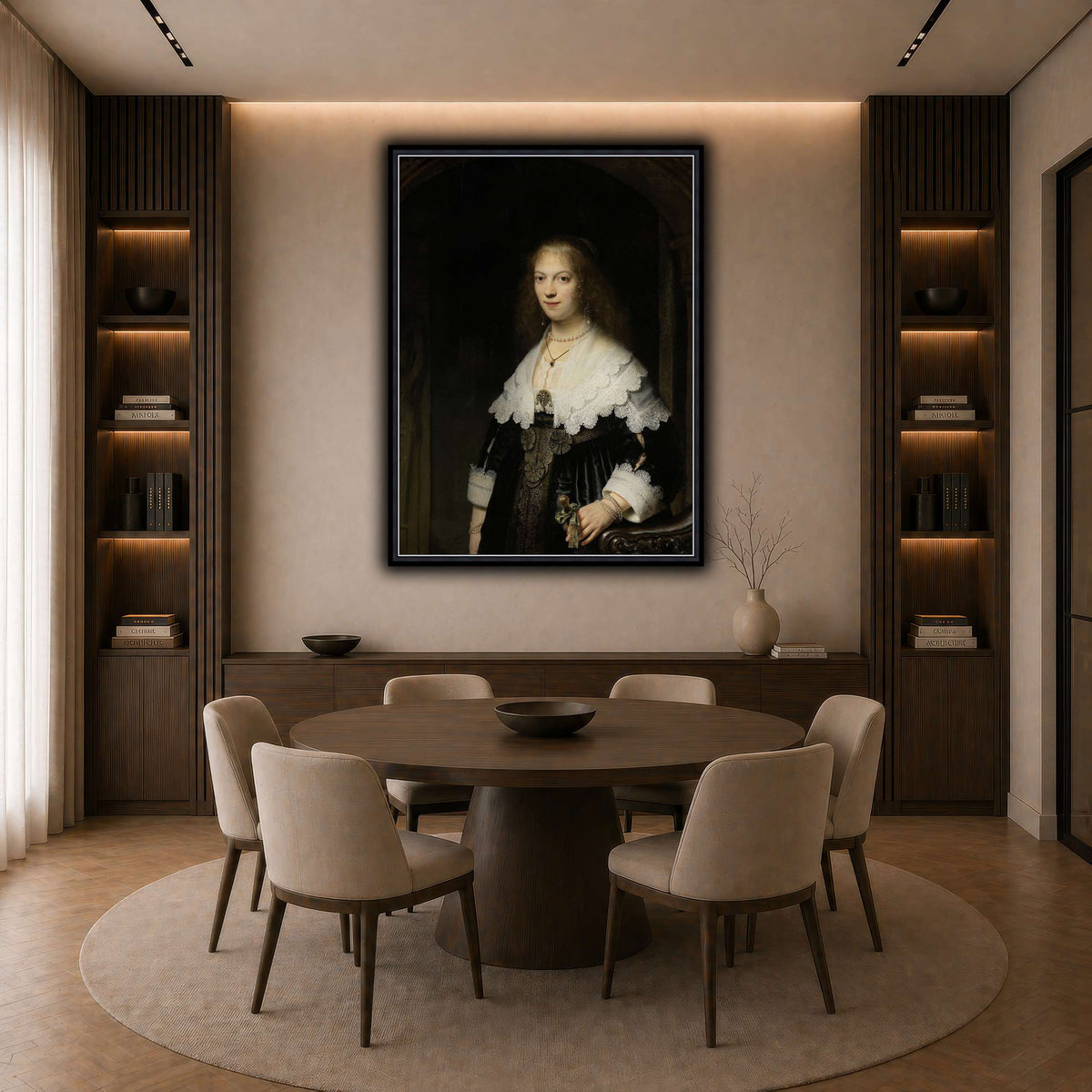 Portrait-of-a-Woman-Possibly-Maria-Trip_Rembrandt-van-Rijn dark neutral-dining room