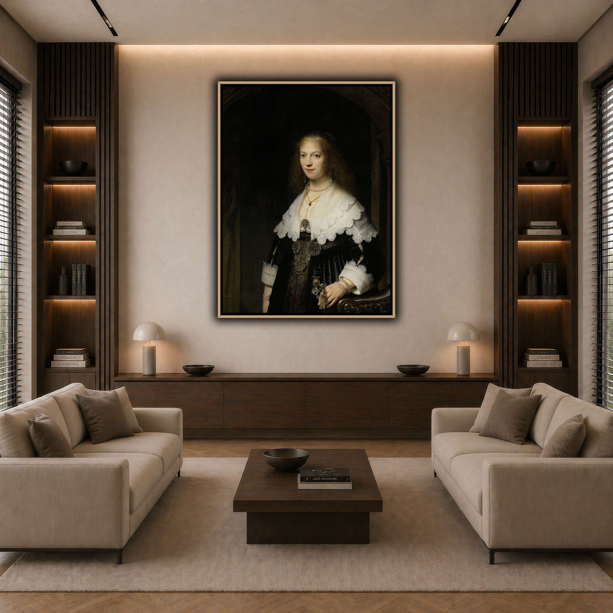 Portrait-of-a-Woman-Possibly-Maria-Trip_Rembrandt-van-Rijn dark neutral-living room
