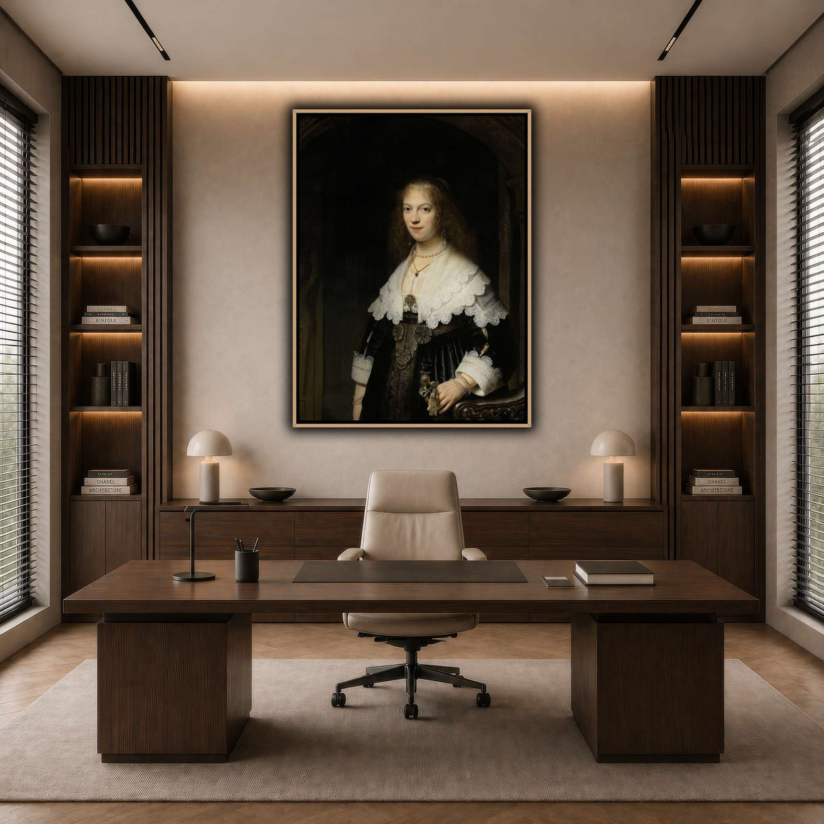 Portrait-of-a-Woman-Possibly-Maria-Trip_Rembrandt-van-Rijn dark neutral-office