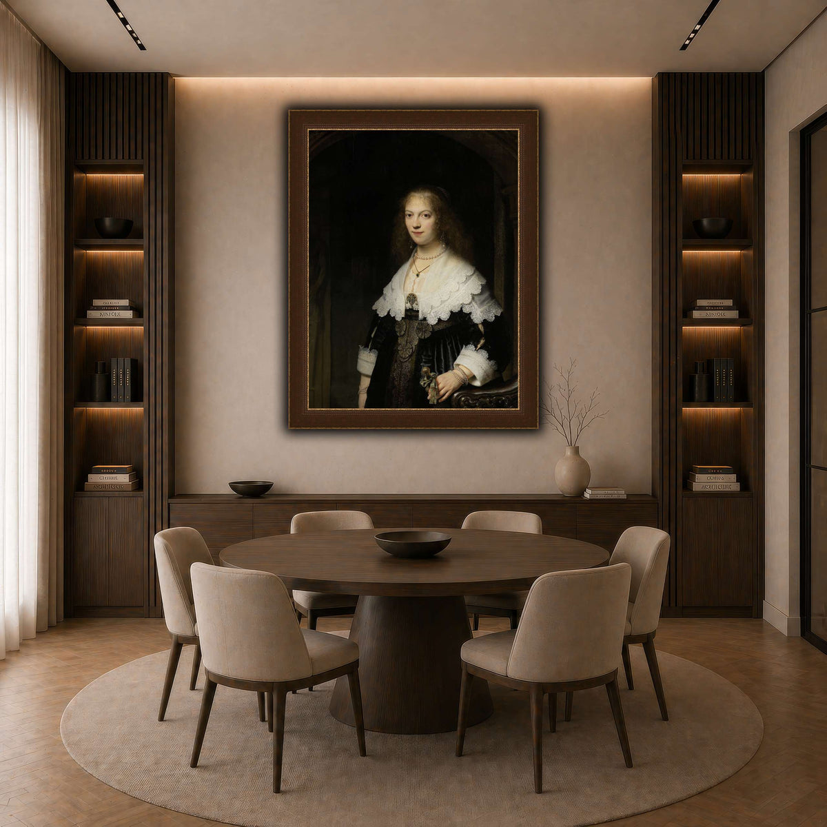 Portrait-of-a-Woman-Possibly-Maria-Trip_Rembrandt-van-Rijn dark neutral-dining room