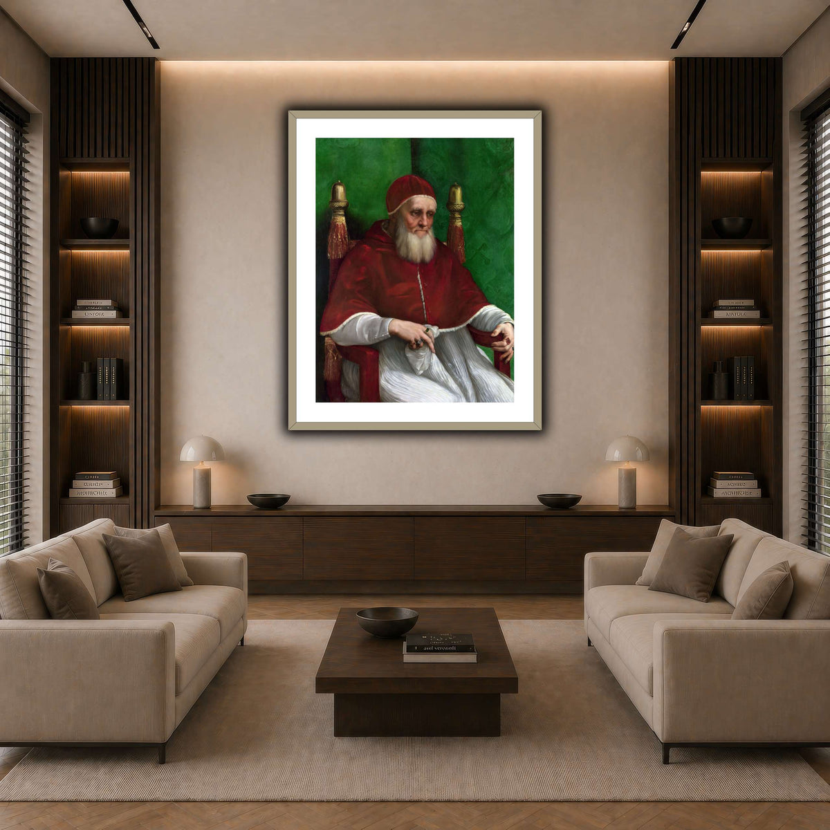 Raffaello_Sanzio_Pope_Julius_II dark neutral-living room