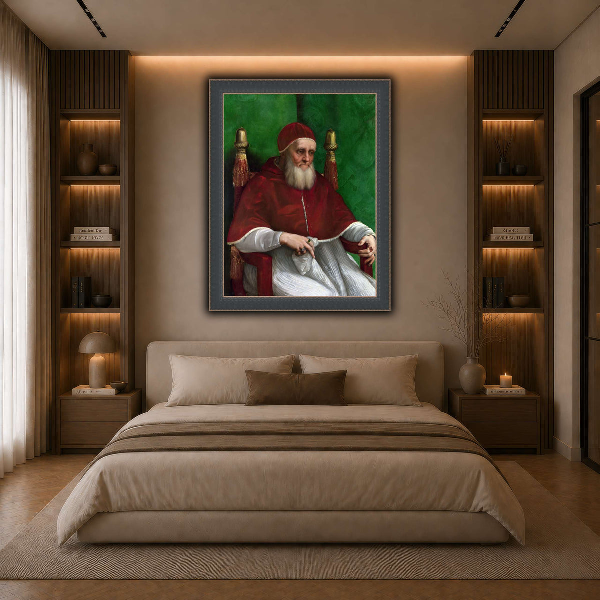 Raffaello_Sanzio_Pope_Julius_II dark neutral-bedroom