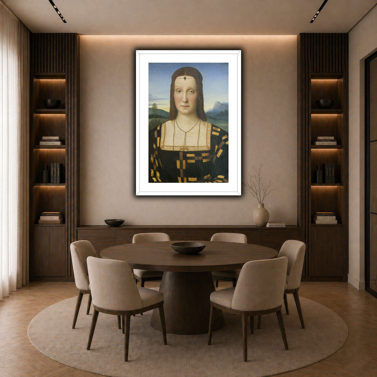 Raffaello_Sanzio_Portrait_of_Elisabetta_Gonzaga,_Duchess_of_Urbino dark neutral-dining room