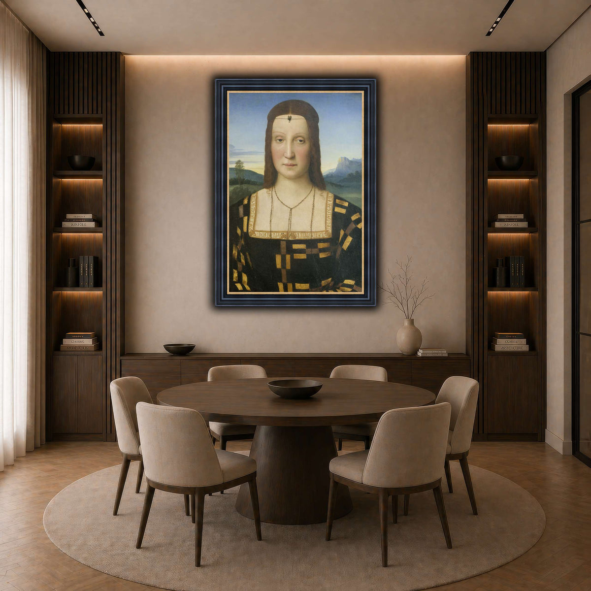 Raffaello_Sanzio_Portrait_of_Elisabetta_Gonzaga,_Duchess_of_Urbino dark neutral-dining room