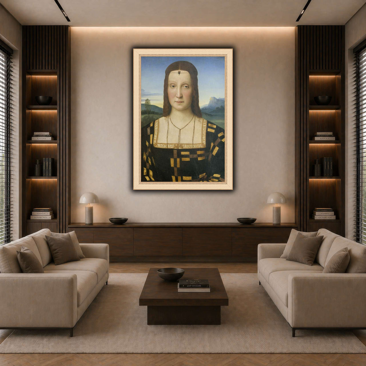 Raffaello_Sanzio_Portrait_of_Elisabetta_Gonzaga,_Duchess_of_Urbino dark neutral-living room