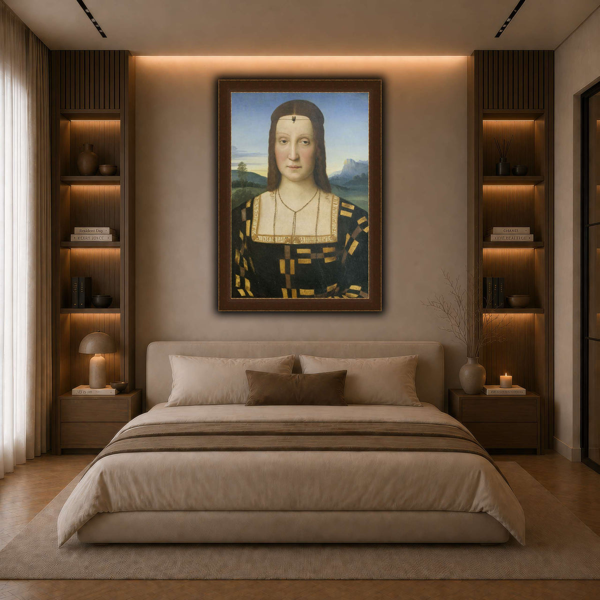 Raffaello_Sanzio_Portrait_of_Elisabetta_Gonzaga,_Duchess_of_Urbino dark neutral-bedroom
