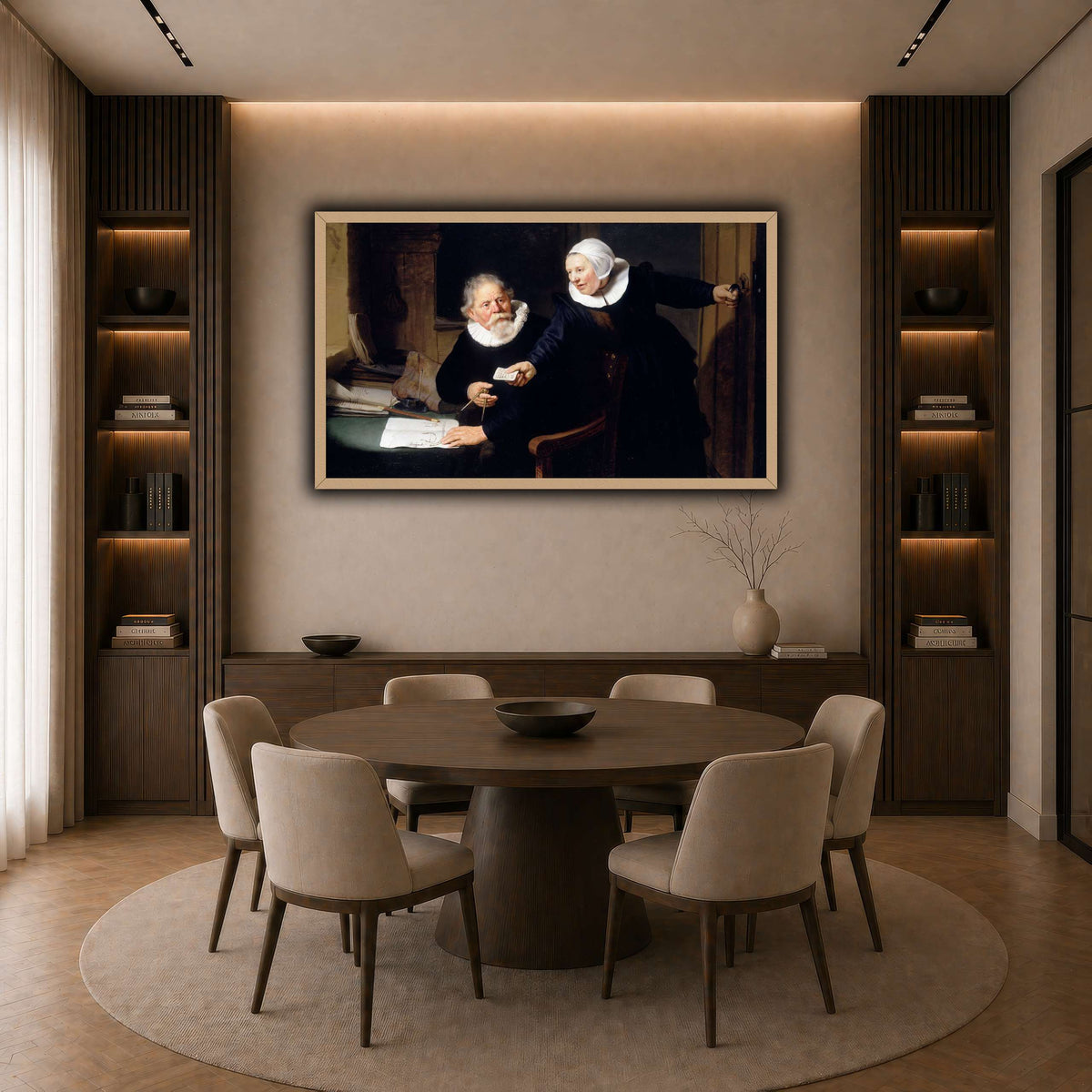 The-Shipbuilder-and-his-Wife-Jan-Rijcksen-1560-2-1637-and-his-Wife_Rembrandt-van-Rijn dark neutral-dining room
