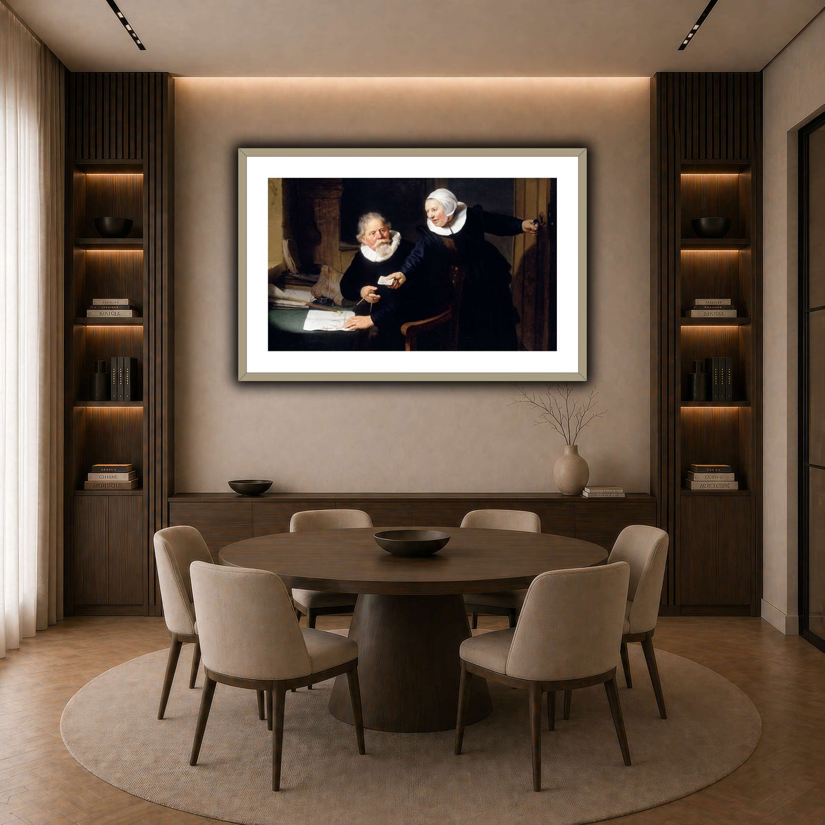 The-Shipbuilder-and-his-Wife-Jan-Rijcksen-1560-2-1637-and-his-Wife_Rembrandt-van-Rijn dark neutral-dining room