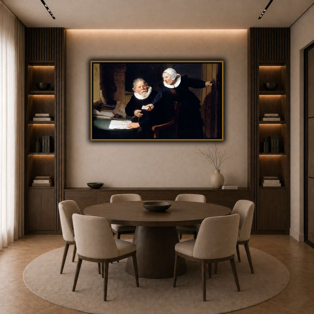 The-Shipbuilder-and-his-Wife-Jan-Rijcksen-1560-2-1637-and-his-Wife_Rembrandt-van-Rijn dark neutral-dining room