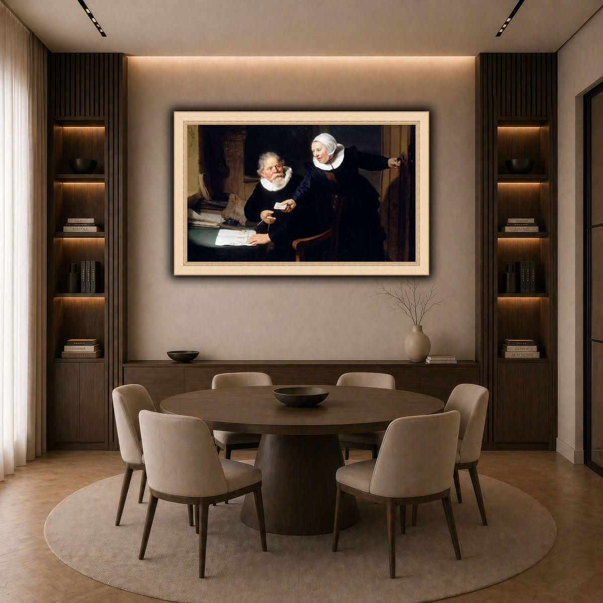 The-Shipbuilder-and-his-Wife-Jan-Rijcksen-1560-2-1637-and-his-Wife_Rembrandt-van-Rijn dark neutral-dining room