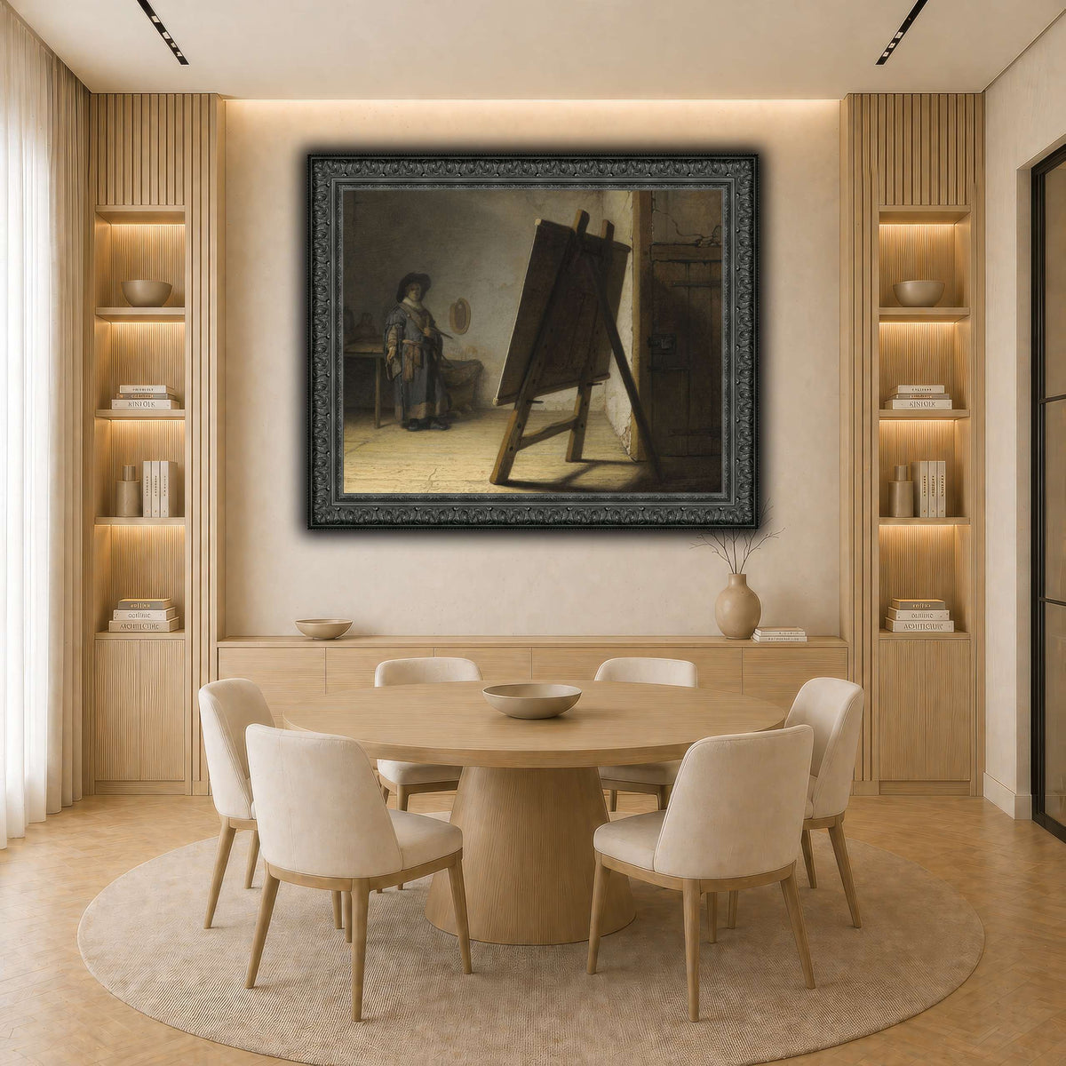 The_Artist_in_his_studio_Rembrandt-van-Rijn light neutral-dining room