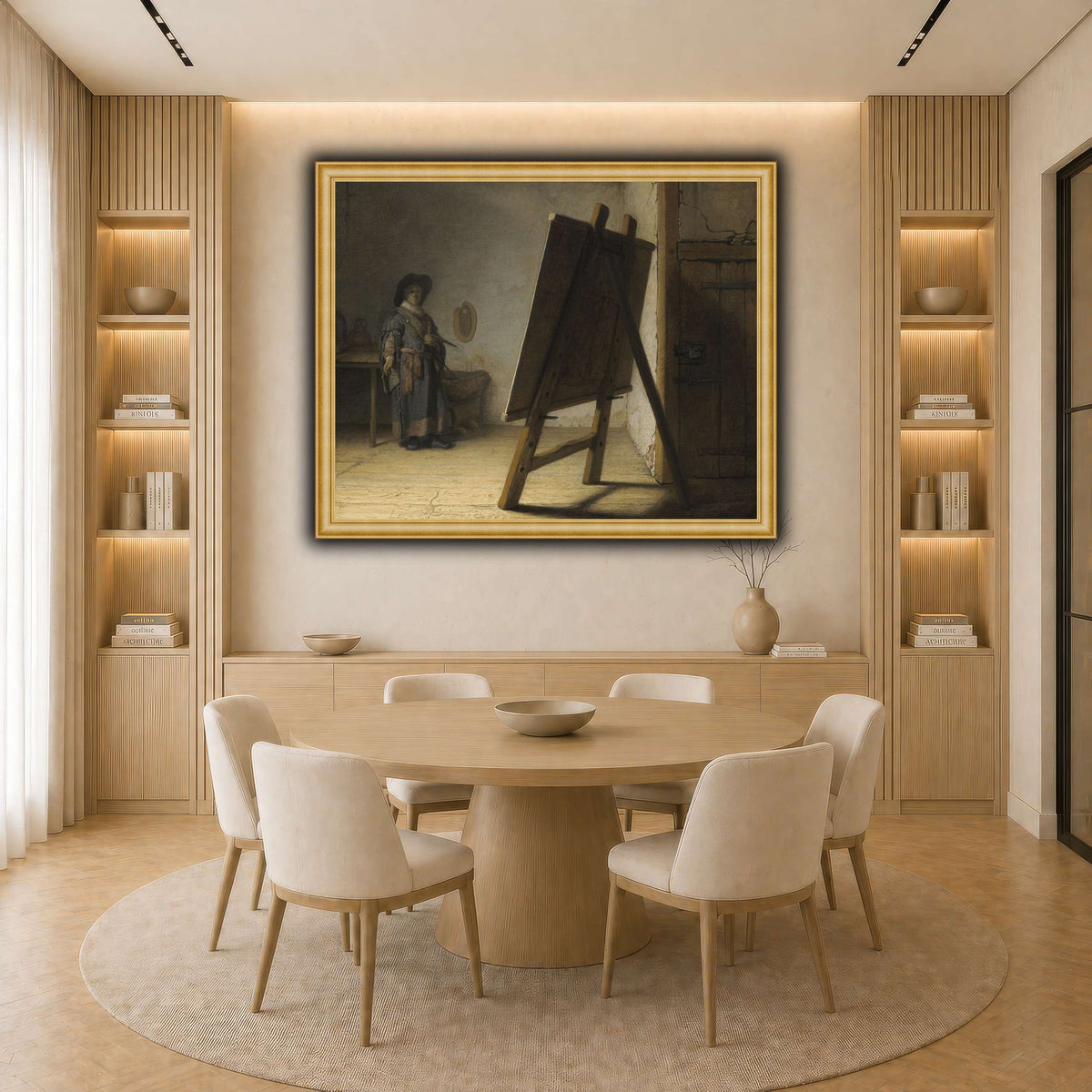 The_Artist_in_his_studio_Rembrandt-van-Rijn light neutral-dining room