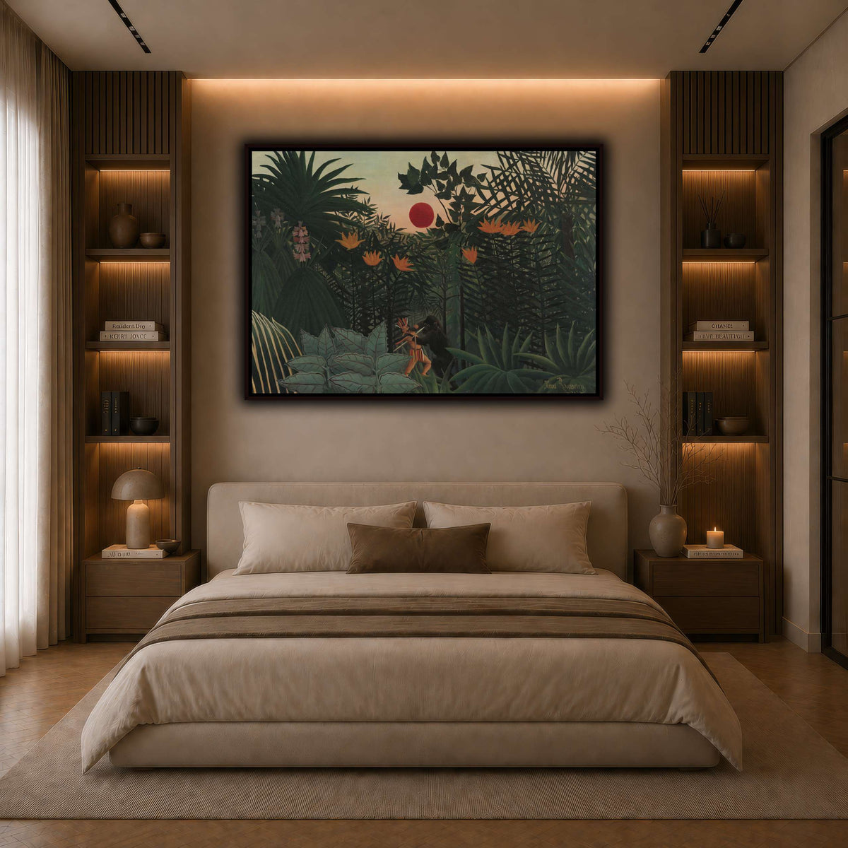 Tropical-Landscape-American-Indian-Struggling-with-a-Gorilla-1910_Henri-Rousseau dark neutral-bedroom