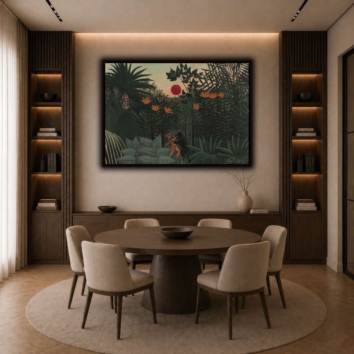 Tropical-Landscape-American-Indian-Struggling-with-a-Gorilla-1910_Henri-Rousseau dark neutral-dining room